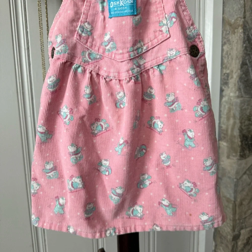 Vintage OshKosh B'gosh Sledding Bear Pink Corduroy Overall Dress size 4t